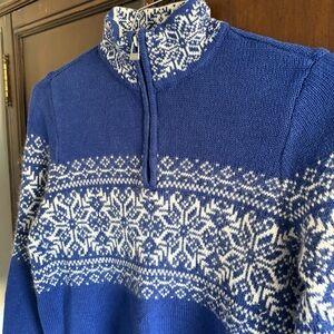 Vintage Christopher&Banks Nordic Fairisle Zip Pullover Sweater Blue&White Large